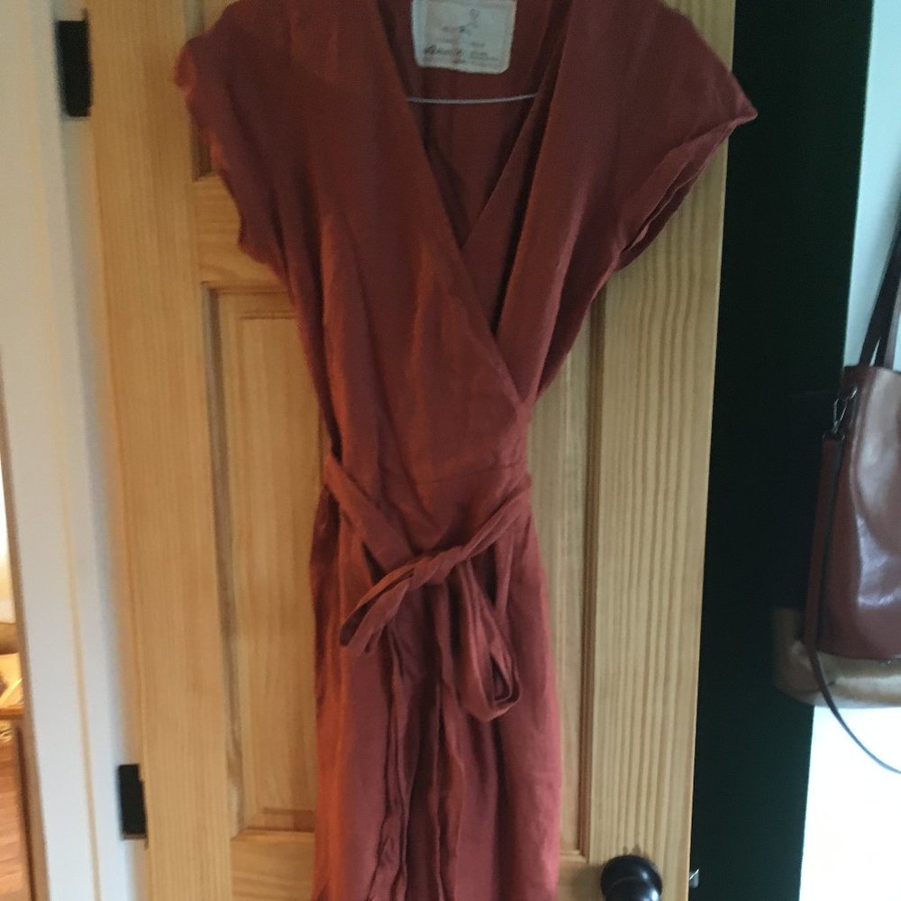 Wrap Linen Jumpsuit - Rust- Medium - image 1